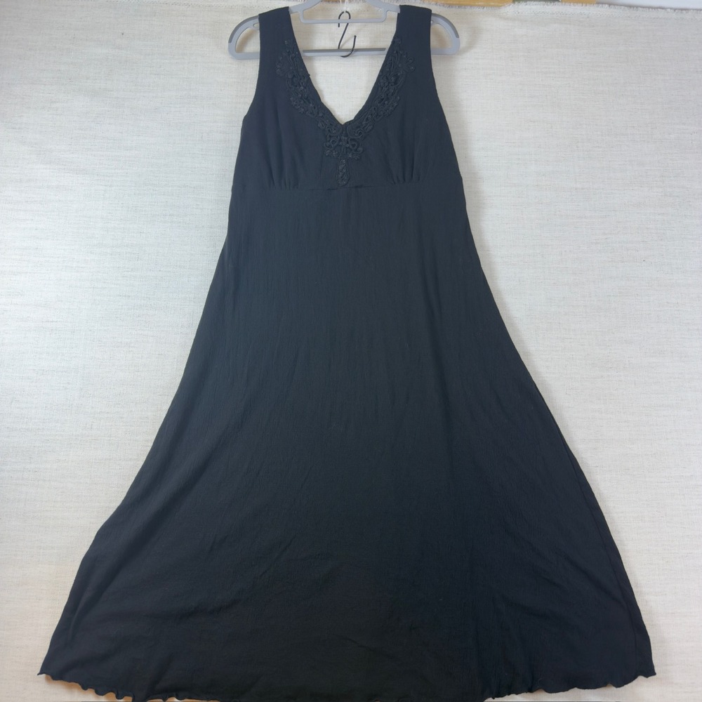 Susan Lawrence Black Lace Sequin Midi Dress Empire Waist Lettuce Hem V Neck